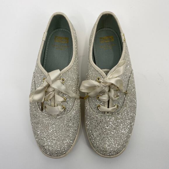 Keds x Kate Spade Glitter Sneakers Ivory Ribbon Womens Size 7 US - Picture 2 of 10